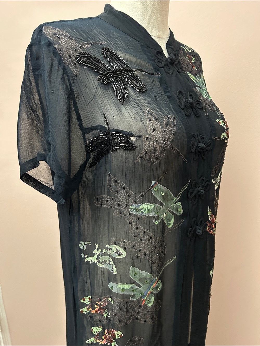 VTG Cache Sheer Black Embroidered Butterfly Duster Asian frog closure sz small - Picture 6 of 16
